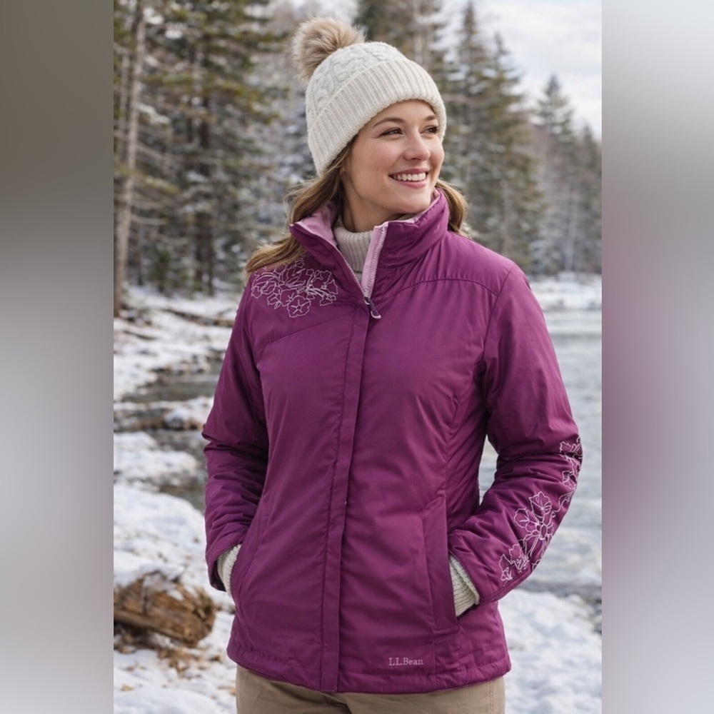 LL Bean Women's Sz S Reversible Primaloft Winter Jacket Floral Embroidered Coat